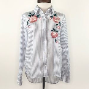 Rails Rose Embroidered Blue Stripe Button Down